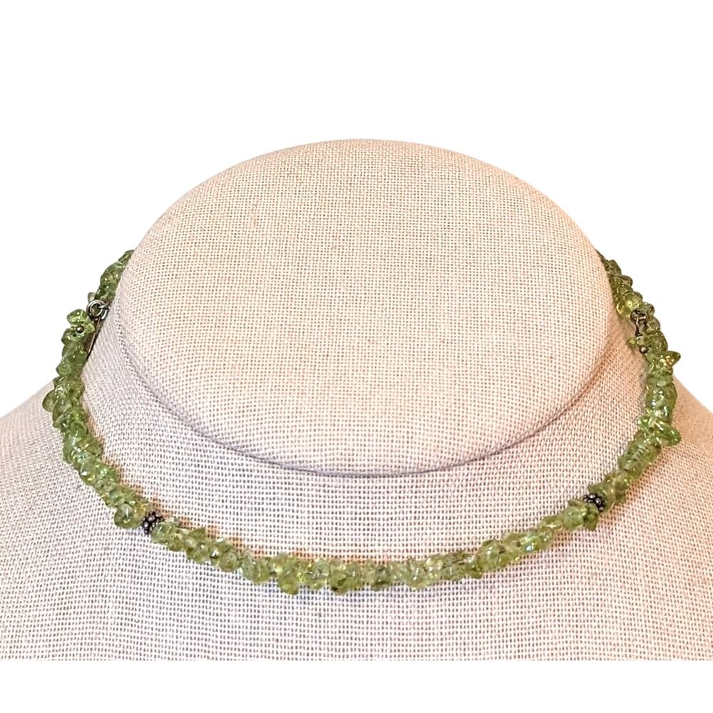 Vtg India 925 Sterling Silver Peridot Chip Bead Adjustable Wire Collar Necklace
